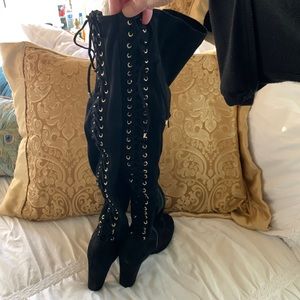 NIB “Betseyville” thigh high lace up the back black suede 4” boots